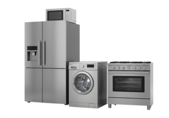 Collection of modern stainless steel kitchen appliances including a refrigerator, washing machine, stove, and microwave, isolated on transparent background