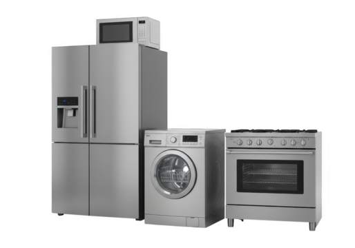 Collection of modern stainless steel kitchen appliances including a refrigerator, washing machine, stove, and microwave, isolated on transparent background - Powered by Adobe