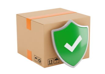 Isolated Cardboard Box with Green Checkmark Shield Delivery Protection
