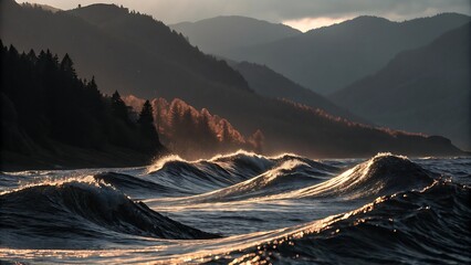 Golden hour waves crash against forest-covered mountains at dusk