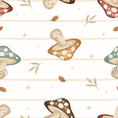 Whimsical Mushroom Forest Seamless Pattern. Hand Drawn Cute Kawaii Mushrooms. Cute drawing doodle cartoon characters. Design for scrapbooking, paper goods, background, wallpaper, fabric and more.