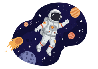 Isolated Cartoon Astronaut Floating in Space with Planets and Stars