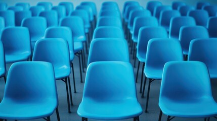 Fototapeta premium A large seminar or conference room filled with uniform bright blue chairs arranged in rows for an event with no people present