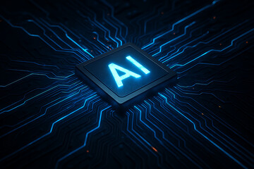 a detailed close-up of a glowing AI chip on a futuristic circuit board, symbolizing advanced artificial intelligence technology and data processing