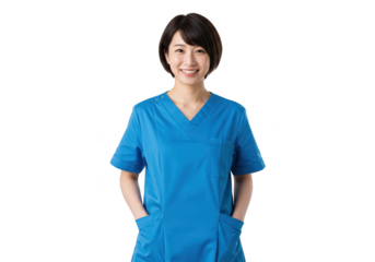 Young japanese female nurse in blue scrubs smiling and standing with hands in pockets, isolated on transparent background