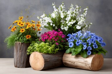 Colorful flowers growing in rustic wooden pots are creating a beautiful floral arrangement
