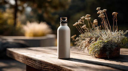 Aqua-colored reusable water bottle with metallic accents on wooden surface in a garden setting.