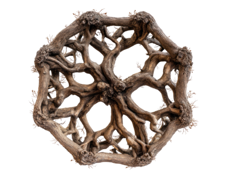 Intricate, circular, wood design.  Complex, gnarled roots form a geometric pattern