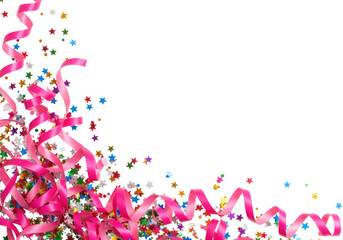 Fototapeta premium Colorful party streamers and star confetti isolated on transparent background, perfect for celebrations and festive events