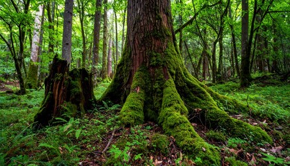 Fototapeta premium Mystical woodland scene featuring a moss-covered tree and vibrant foliage in a lush forest