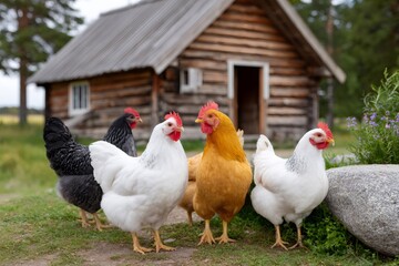 Fototapeta premium Chickens standing in front of wooden coop on a farm
