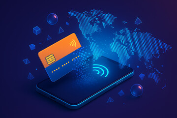 digital payment via smartphone, contactless credit card on screen with world map background, technology for financial transactions and online banking secure