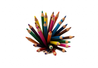 A vibrant collection of colored pencils fanned out in a circular pattern, isolated on a transparent background