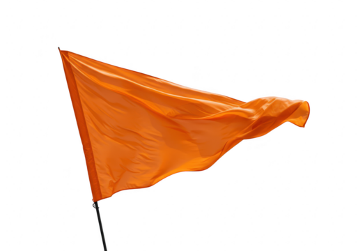 A bright orange triangular pennant flag blowing in the wind, isolated on a transparent background