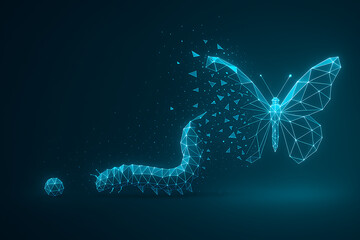 a digital butterfly metamorphosis from an egg, caterpillar, and cocoon to a butterfly made of glowing polygonal lines, technology growth