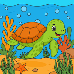 Cartoon Sea Turtle Swimming Underwater Illustration
