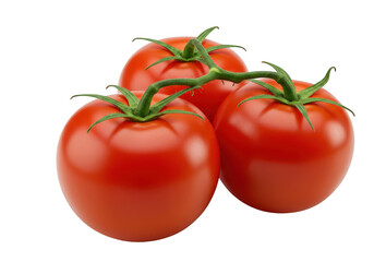 Three ripe red tomatoes on the vine, isolated on transparent background