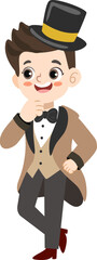 Cheerful Cartoon Illustration of Cute Little Boy Magician with Top Hat