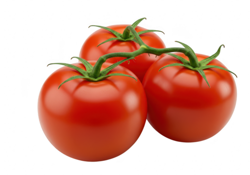 Three ripe red tomatoes on the vine, isolated on transparent background