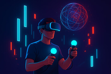 a man wearing vr glasses holding controllers in his hands in a futuristic virtual reality world with glowing objects and network lines