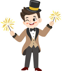 Cartoon Cheerful Boy Celebrating New Year with Sparkler Illustration Asset