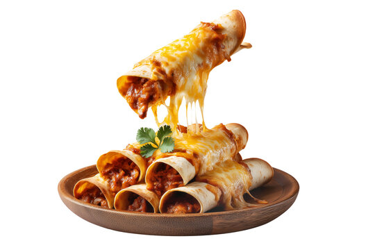 Southwest Tex-Mex Enchiladas rolled tortillas baked with sauce and melted cheese on wooden plate, isolated on white transparent background. Concept of Mexican fast food