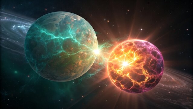 Cosmic collision of two vibrant planets in deep space nebula