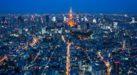 Experience the captivating beauty of Tokyo at night. The iconic tower shines amidst a sea of city lights, perfect for travel, tourism, and architectural projects. A stunning visual.