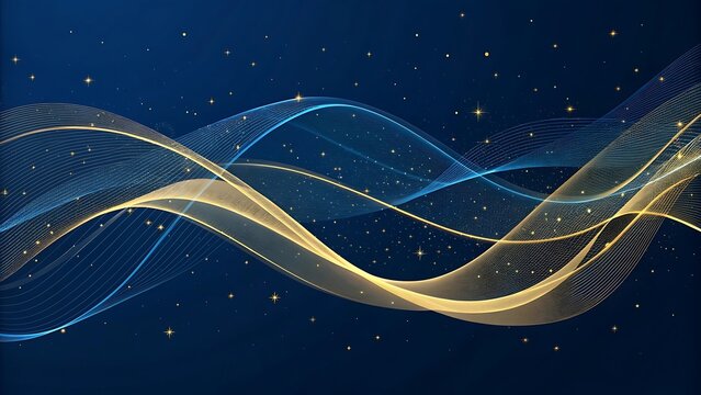 Elegant golden blue waves sparkle against dark starry night sky