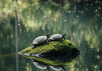 Fototapeta premium Two turtles bask on a mossy rock, enjoying the calm waters - a serene pair