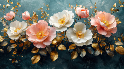 A watercolor masterpiece, where delicate blooms unfurl in a symphony of pink, white, and gold, against a backdrop of lush foliage. Perfect for luxurious floral designs, wallpapers, prints, invitations