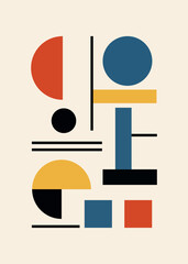 Colorful minimalist modern abstract art. Composition of geometric shapes. Red, black, yellow, blue, beige. Circle, rectangles, vector decoration