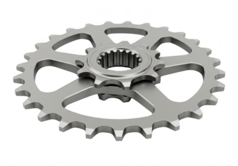 Closeup of a metal motorcycle drive sprocket with many teeth, isolated on transparent background