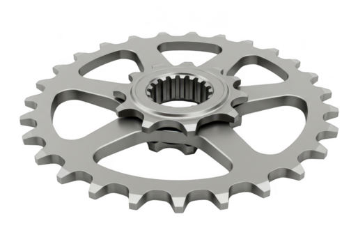 Closeup of a metal motorcycle drive sprocket with many teeth, isolated on transparent background