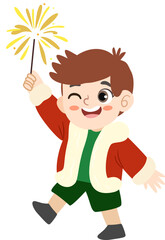 Cheerful Flat Little Boy Waving Sparkler Celebration Holiday Illustration