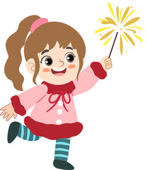 Cheerful Cartoon Girl Celebrating with Sparkler Stick Illustration Element
