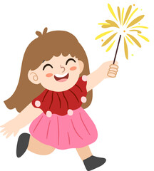 Cute Cartoon Style Little Girl Holding Sparkler Celebrating New Year