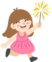 Cute Cartoon Girl Holding Sparkler Celebrating New Year Joyfully Illustration