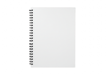 Blank spiral bound notebook with white pages, isolated on transparent background