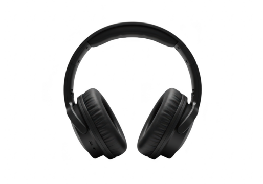 A pair of black modern headphones, isolated on a transparent background, representing audio and technology