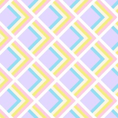 A cheerful and modern seamless pattern featuring a clean harlequin grid. The interlocking chevron stripes in soft pastel pink, yellow, and blue create a dynamic.