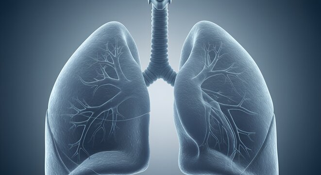 Detailed medical illustration of human lungs with bronchi and trachea in a blue-tinted grayscale