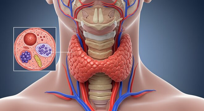 Illustration of the human thyroid gland with a zoomed-in view of thyroid follicles and cells in a dark blue background.