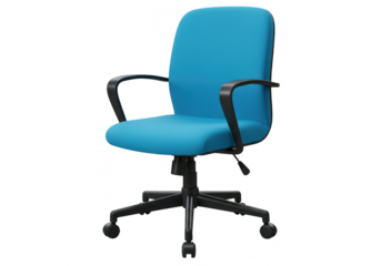Modern blue office chair with armrests and wheels, isolated on transparent background