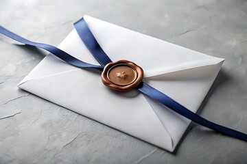 Elegant white envelope with a blue ribbon and wax seal on a gray surface
