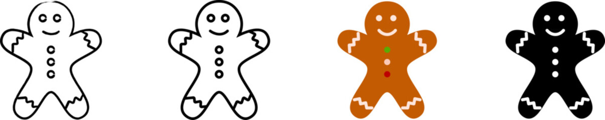 Smiling gingerbread man outline, color, and black Christmas vector, great for festive baking clipart, cards, and holiday crafts