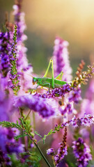 Gr&uuml;ner Grash&uuml;pfer (Tettigonia viridissima) auf violettem Heidekraut (Calluna vulgaris) im Sp&auml;tsommerlicht, in voller Pracht, in nat&uuml;rlicher Umgebung.