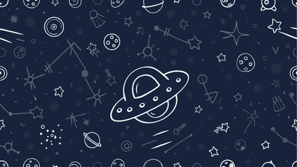 Hand drawn space themed pattern with ufo planets stars and constellations on a dark blue background