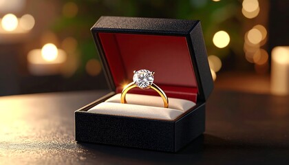 Diamond ring in a black box, warm lighting