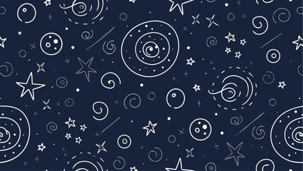 Seamless pattern of stars moons spirals and circles on a dark blue background perfect for textile design